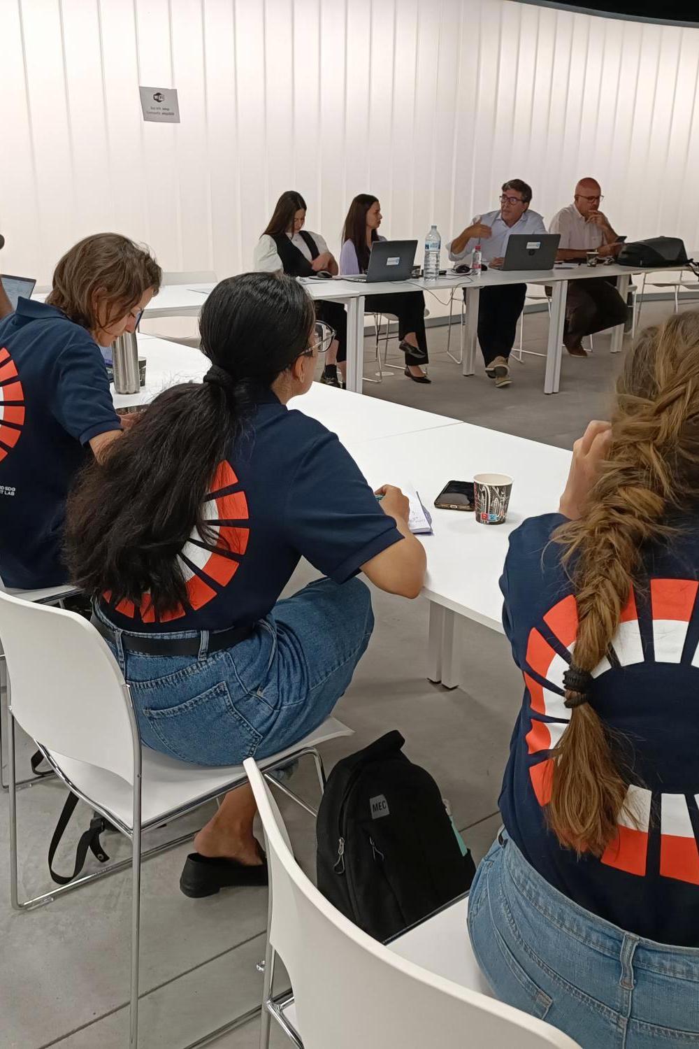 Fellows sitting in a row backs to camera in a meeting